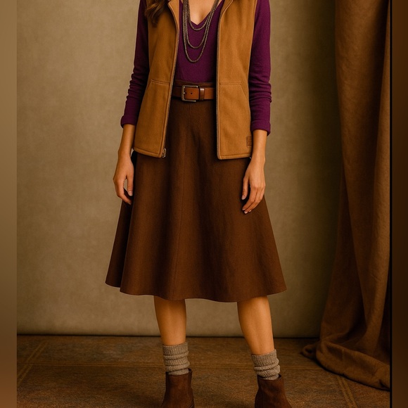 Vintage LRL 100% Linen Dark Brown A-Line Midi Skirt Lined – Fits Like 6/8 - Picture 1 of 12